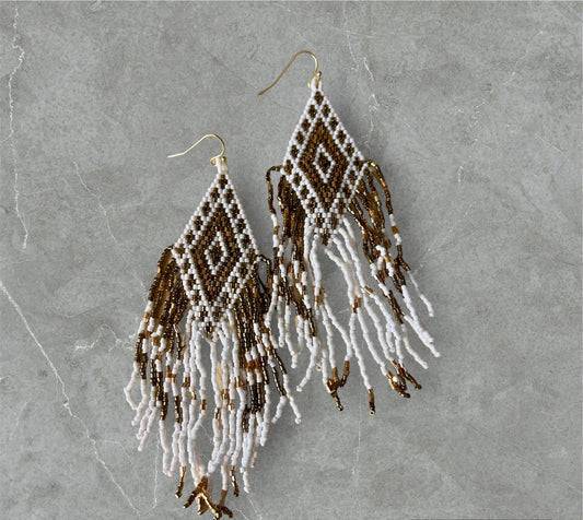 Beaded Pueblo Fringe Earrings in White